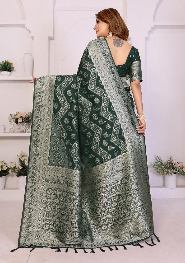 Green Woven Silk Blend Saree Set - Indya
