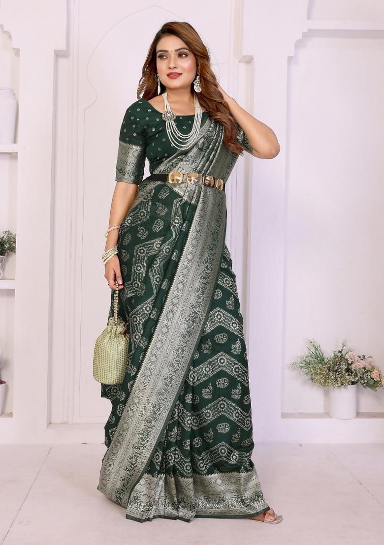 Green Woven Silk Blend Saree Set - Indya