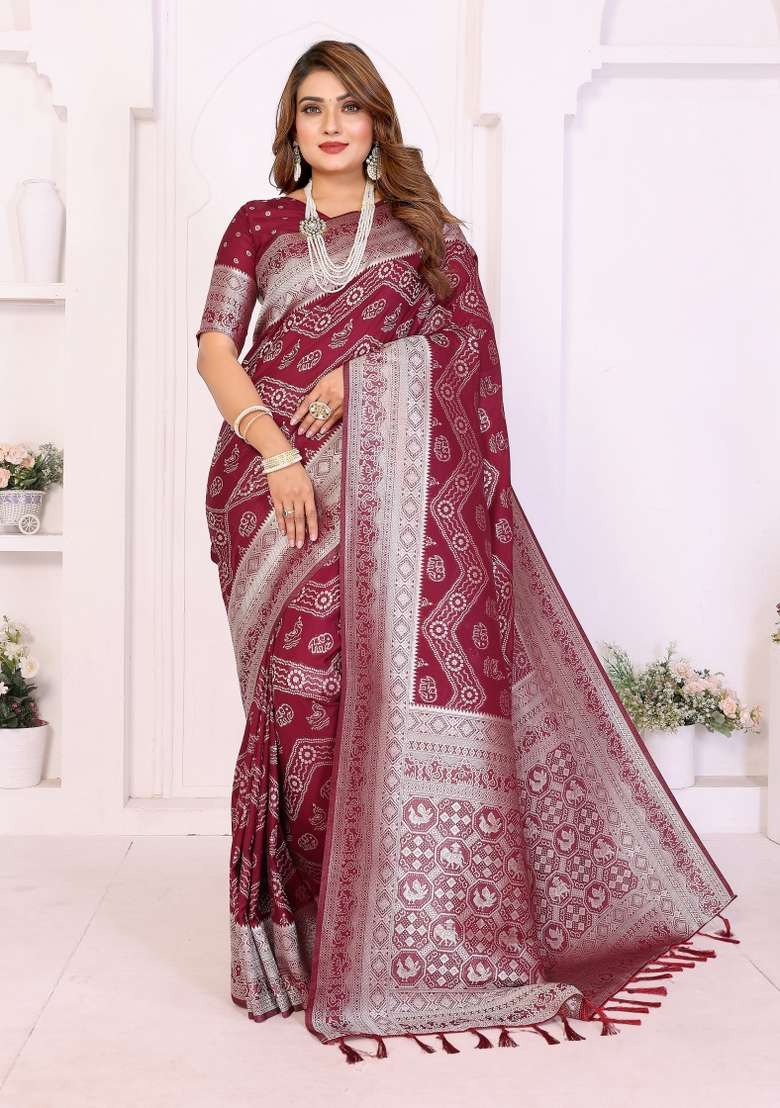 Maroon Woven Silk Blend Saree Set for Diwali and Festive Wear - Indya