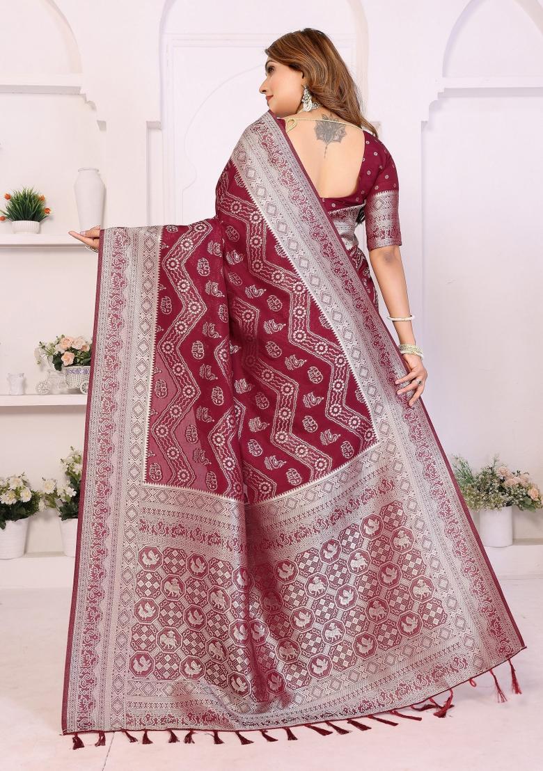 Maroon Woven Silk Blend Saree Set - Indya