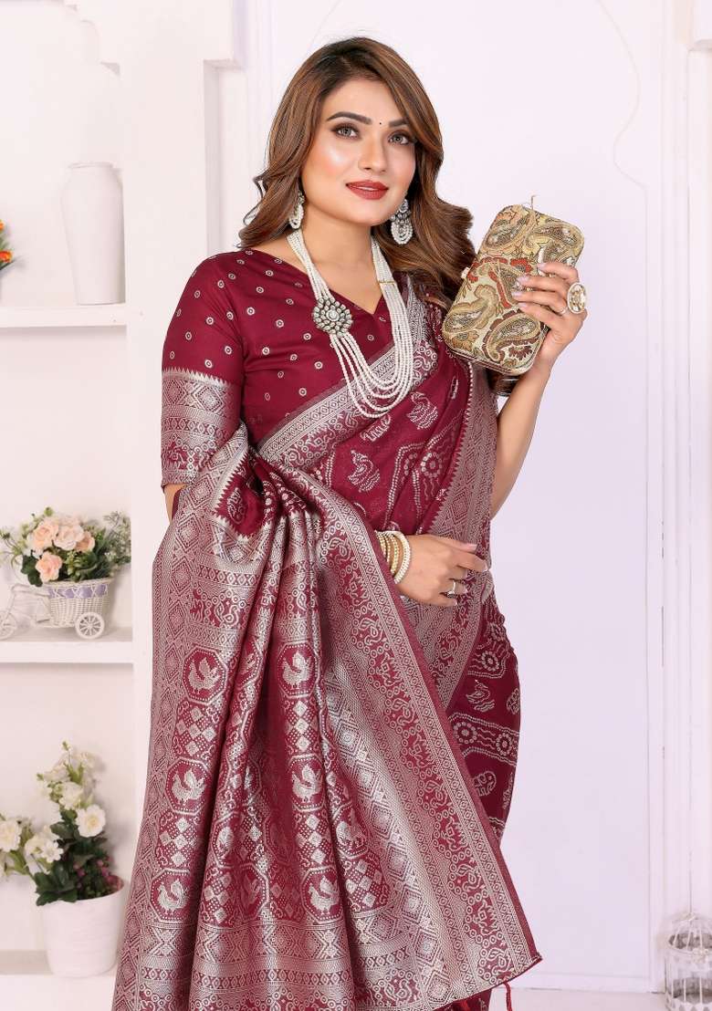 Maroon Woven Silk Blend Saree Set for Diwali and Festive Wear - Indya