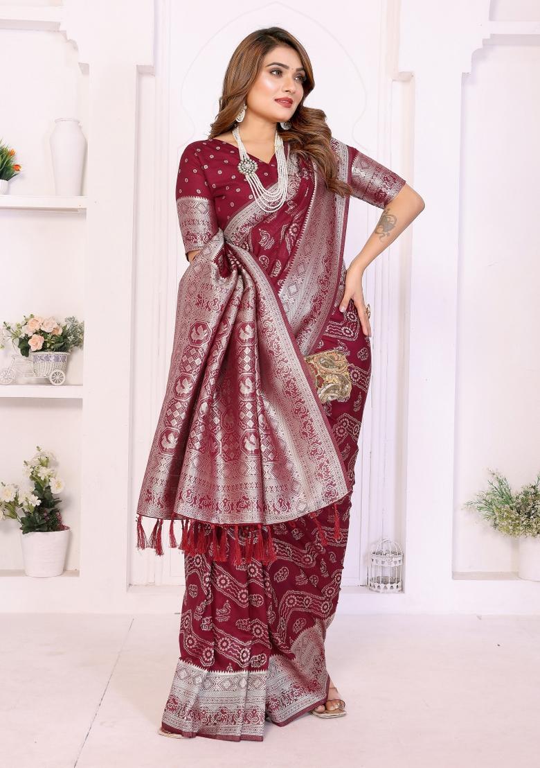 Maroon Woven Silk Blend Saree Set - Indya