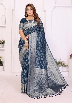 Blue Woven Silk Blend Saree Set