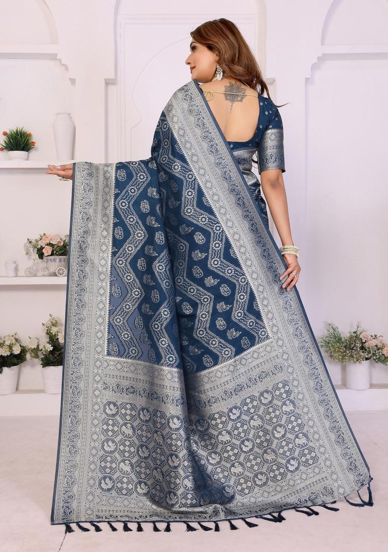 Blue Woven Silk Blend Saree Set - Indya