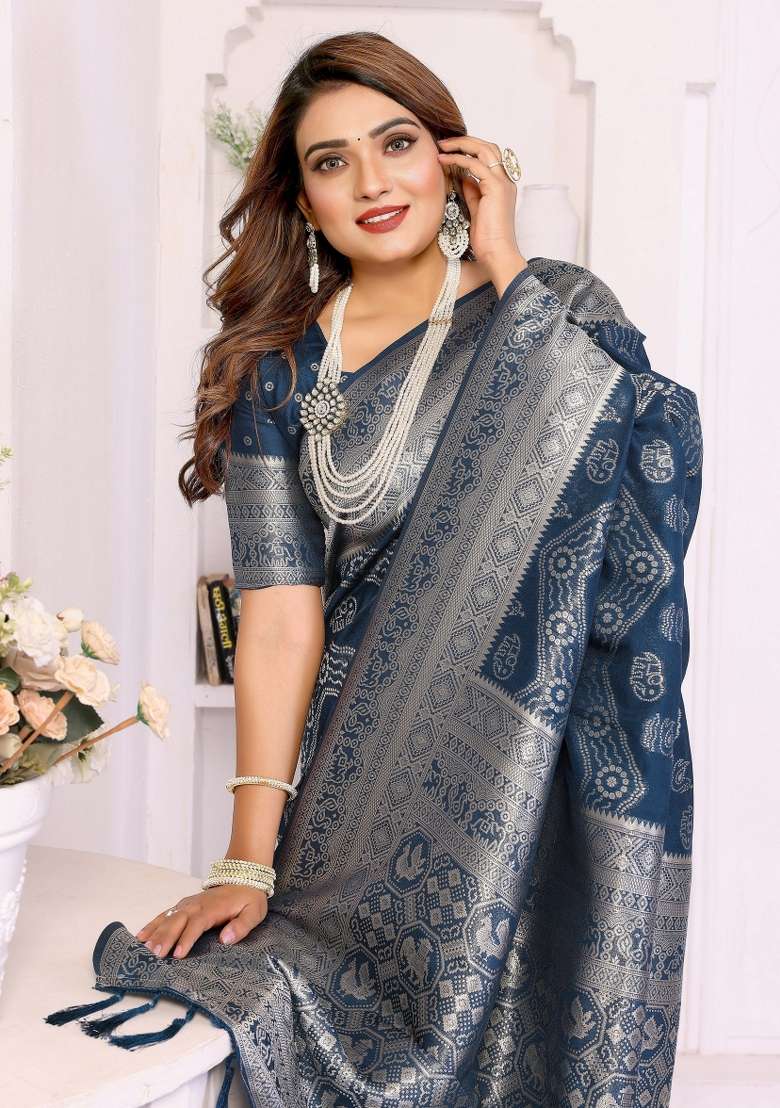 Blue Woven Silk Blend Saree Set for Diwali | Wedding & Festive Wear - Indya