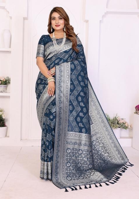 Blue Woven Silk Blend Saree Set