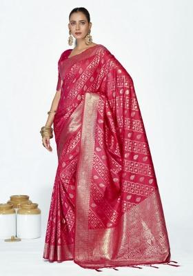 Pink Woven Silk Blend Saree Set