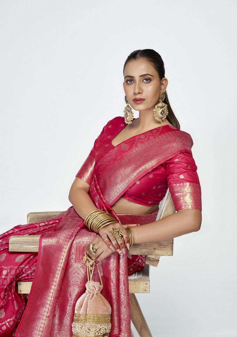 Pink Woven Silk Blend Saree Set - Indya
