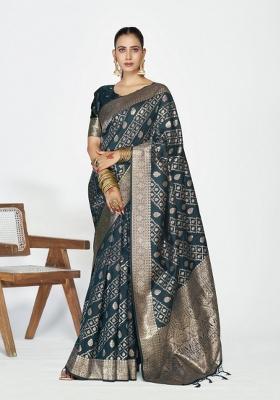 Teal Blue Woven Silk Blend Saree Set