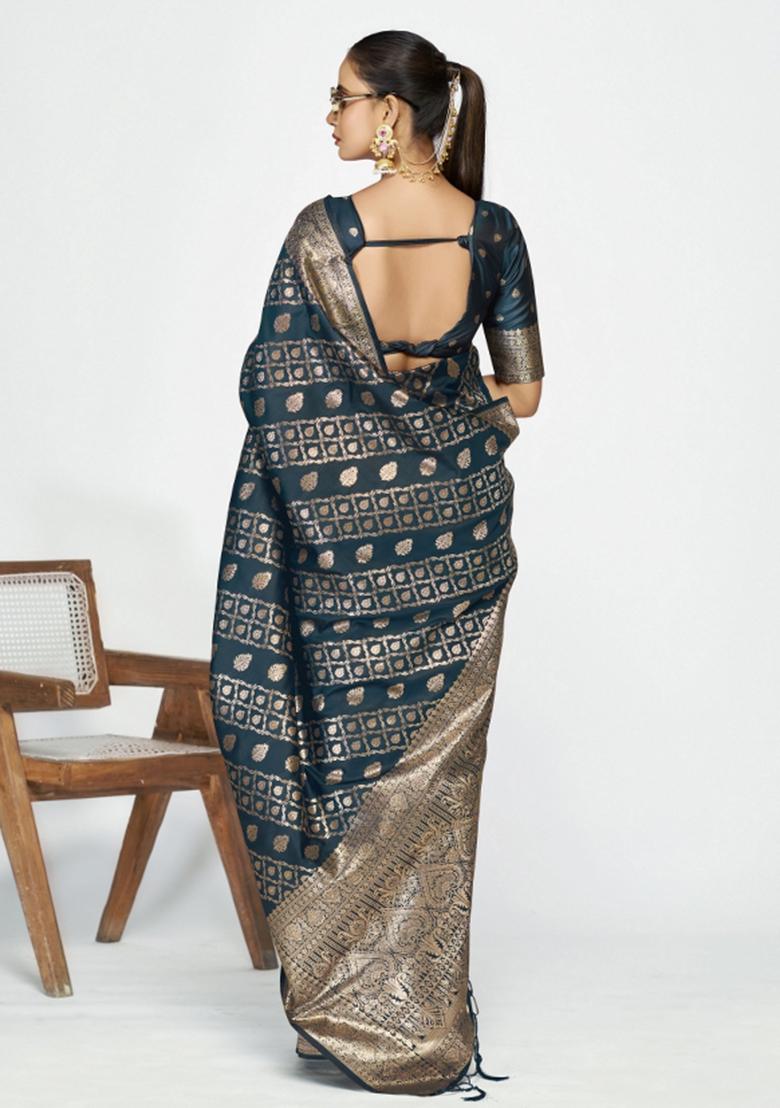 Teal Blue Woven Silk Blend Saree Set - Indya