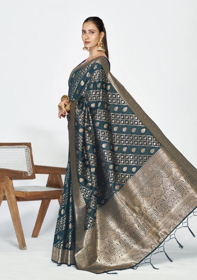 Teal Blue Woven Silk Blend Saree Set - Indya
