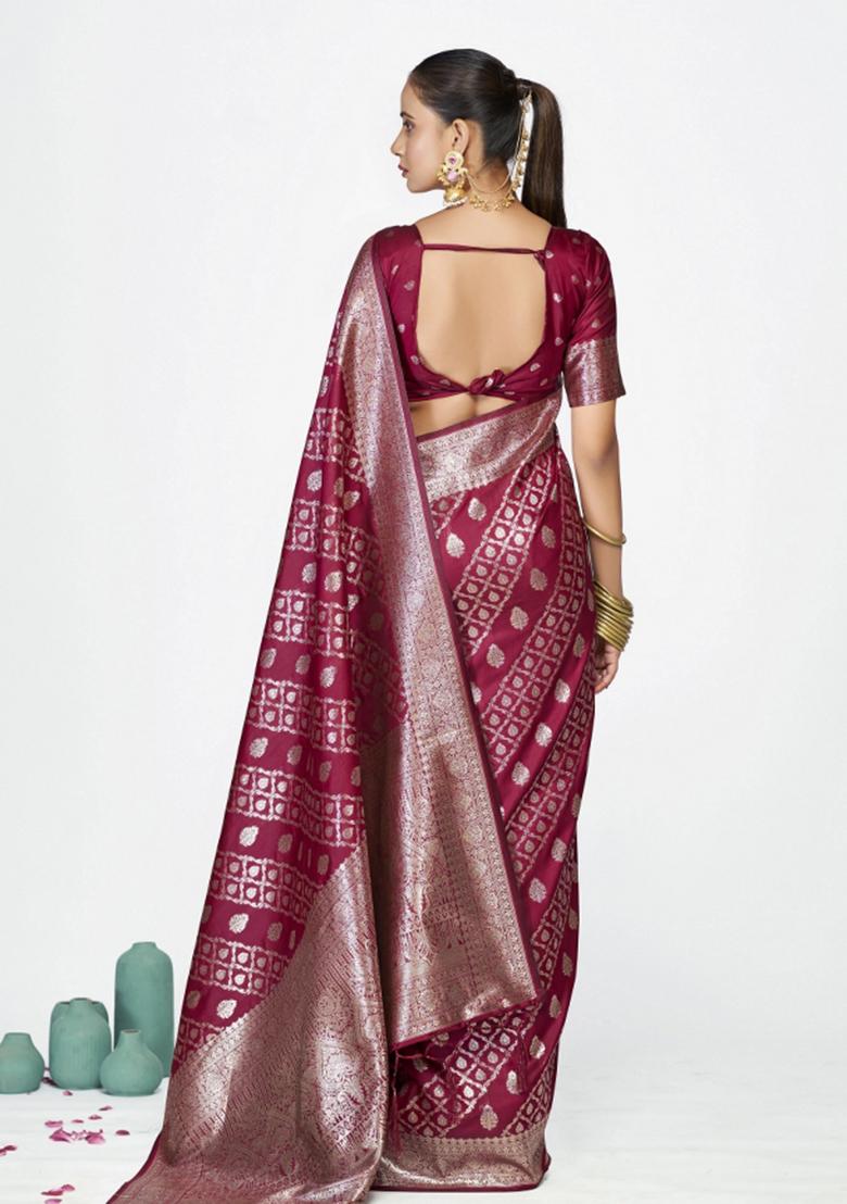 Burgundy Woven Silk Blend Saree Set - Indya
