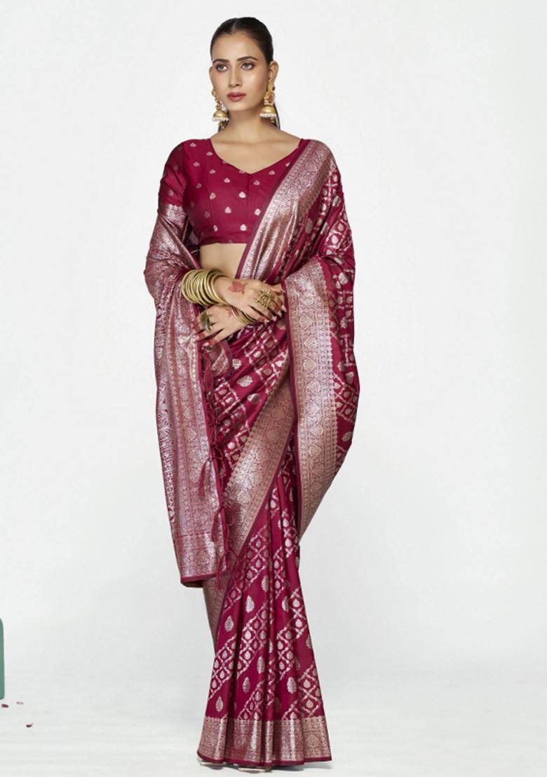 Burgundy Woven Silk Blend Saree Set - Indya