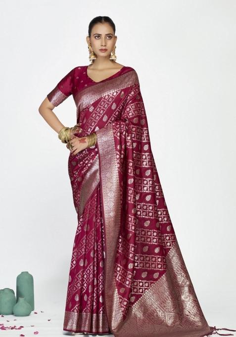 Burgundy Woven Silk Blend Saree Set