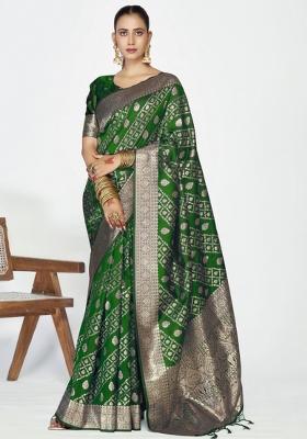 Green Woven Silk Blend Saree Set