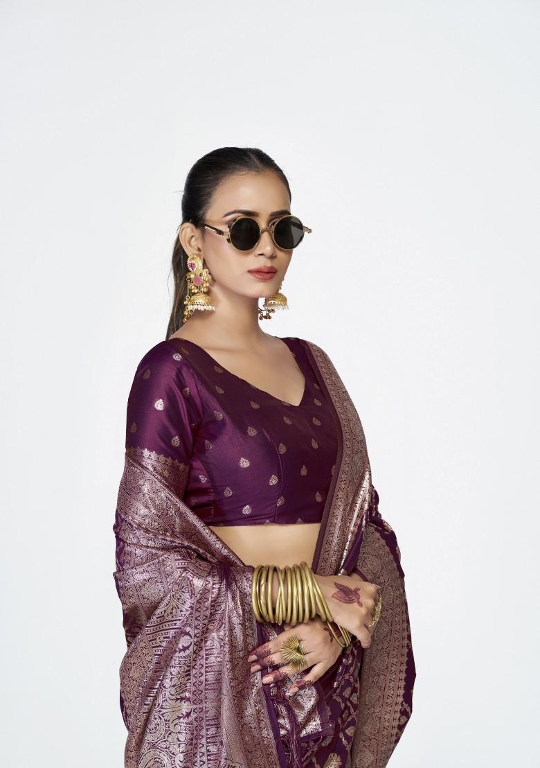 Purple Woven Silk Blend Saree Set - Indya