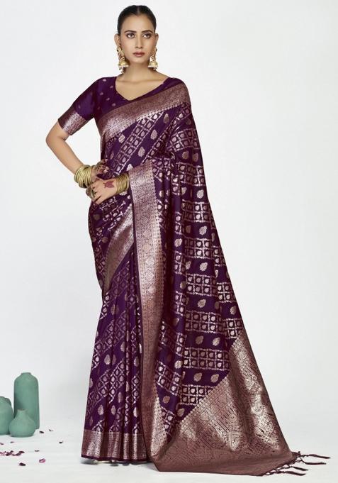 Purple Woven Silk Blend Saree Set