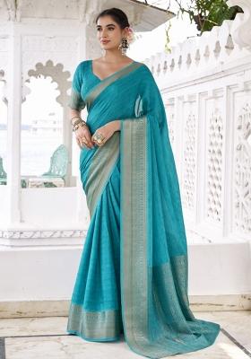 Blue Woven Chiffon Saree Set