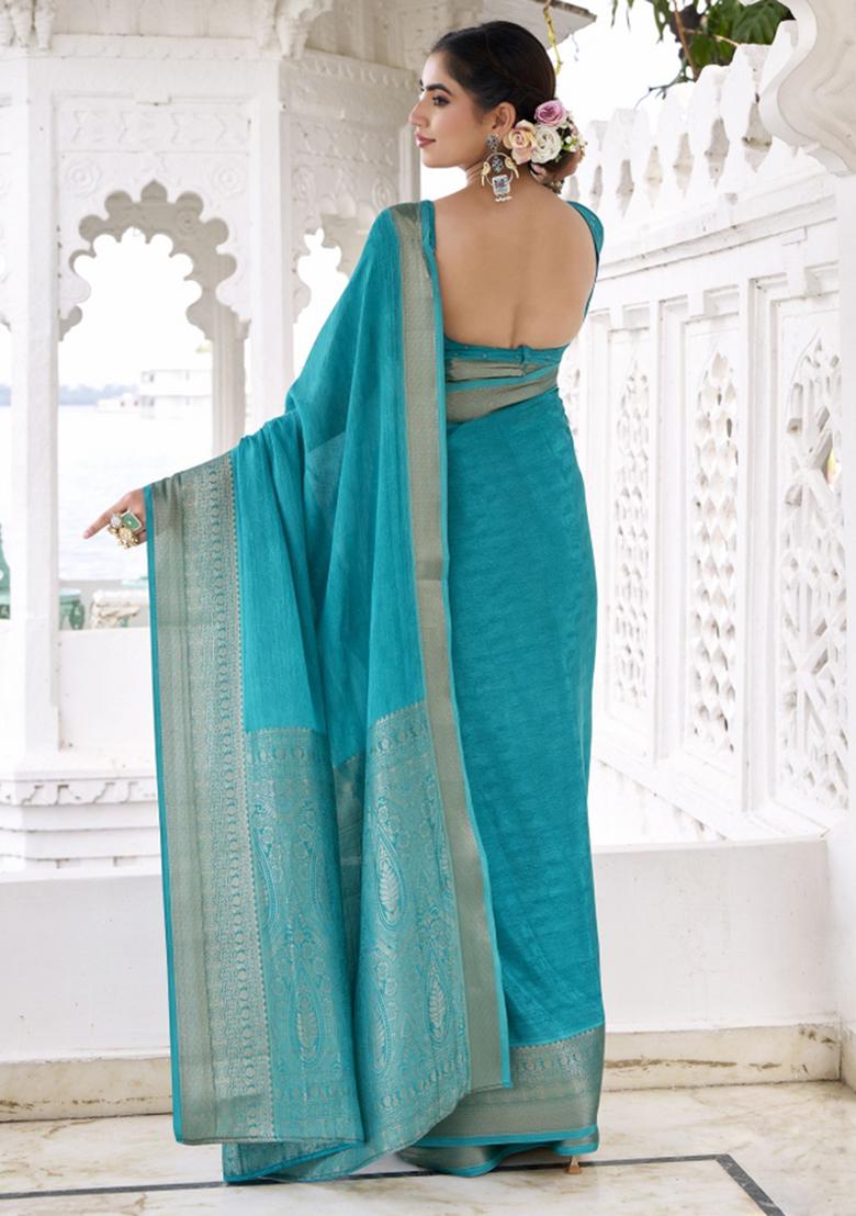 Blue Woven Chiffon Saree Set - Indya