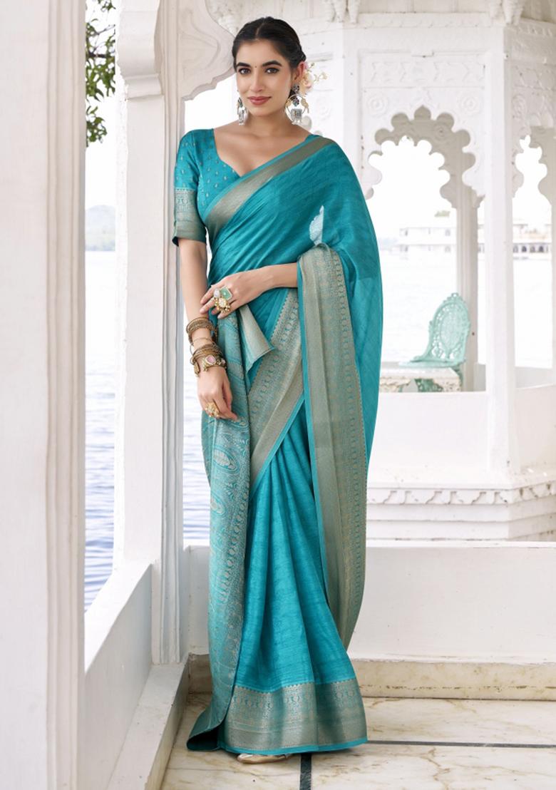 Blue Woven Chiffon Saree Set - Indya