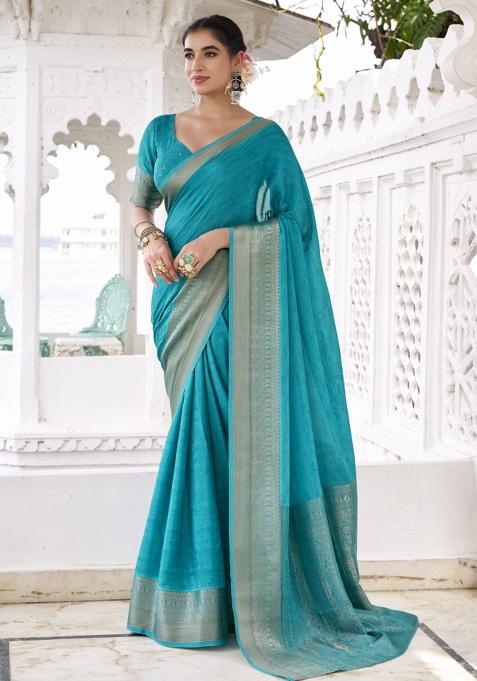 Blue Woven Chiffon Saree Set