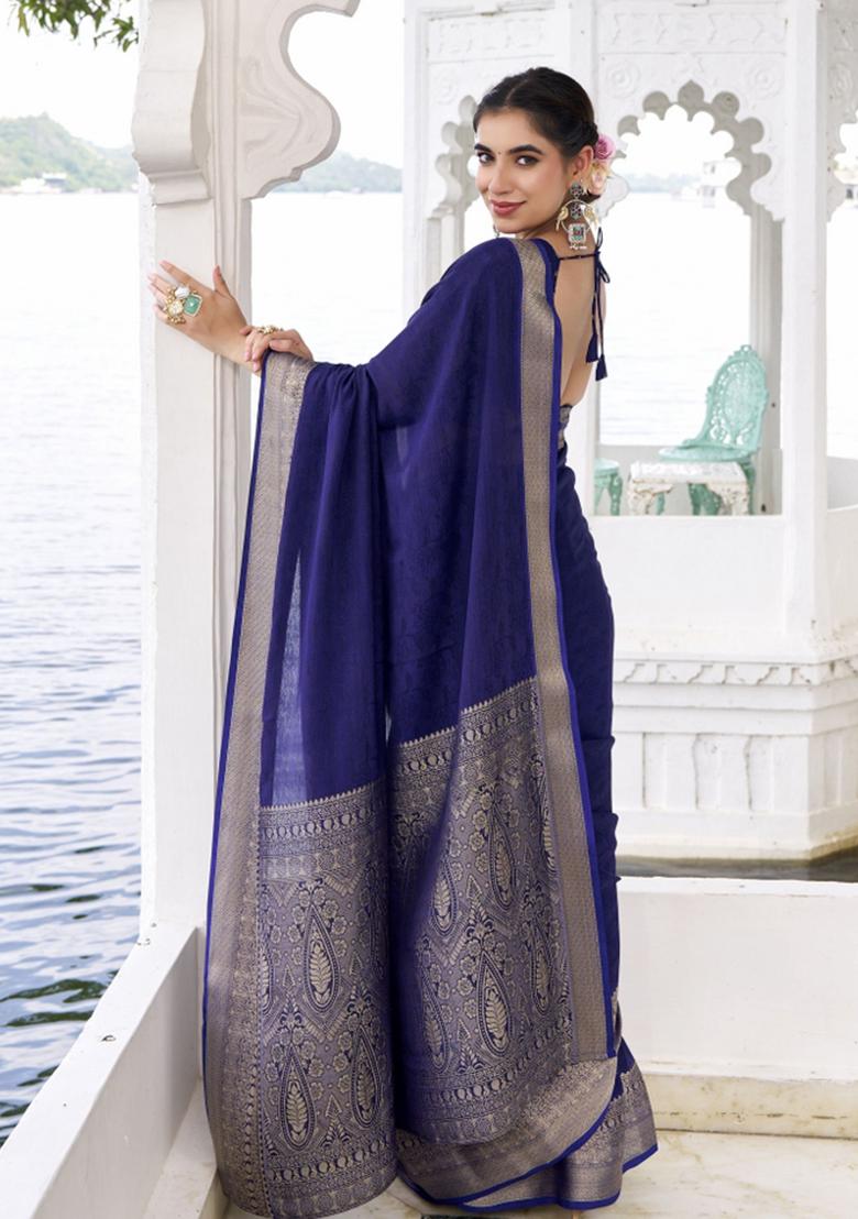 Blue Woven Chiffon Saree Set - Indya