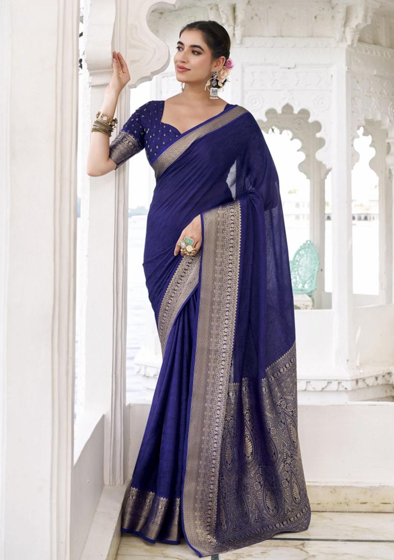 Blue Woven Chiffon Saree Set - Indya