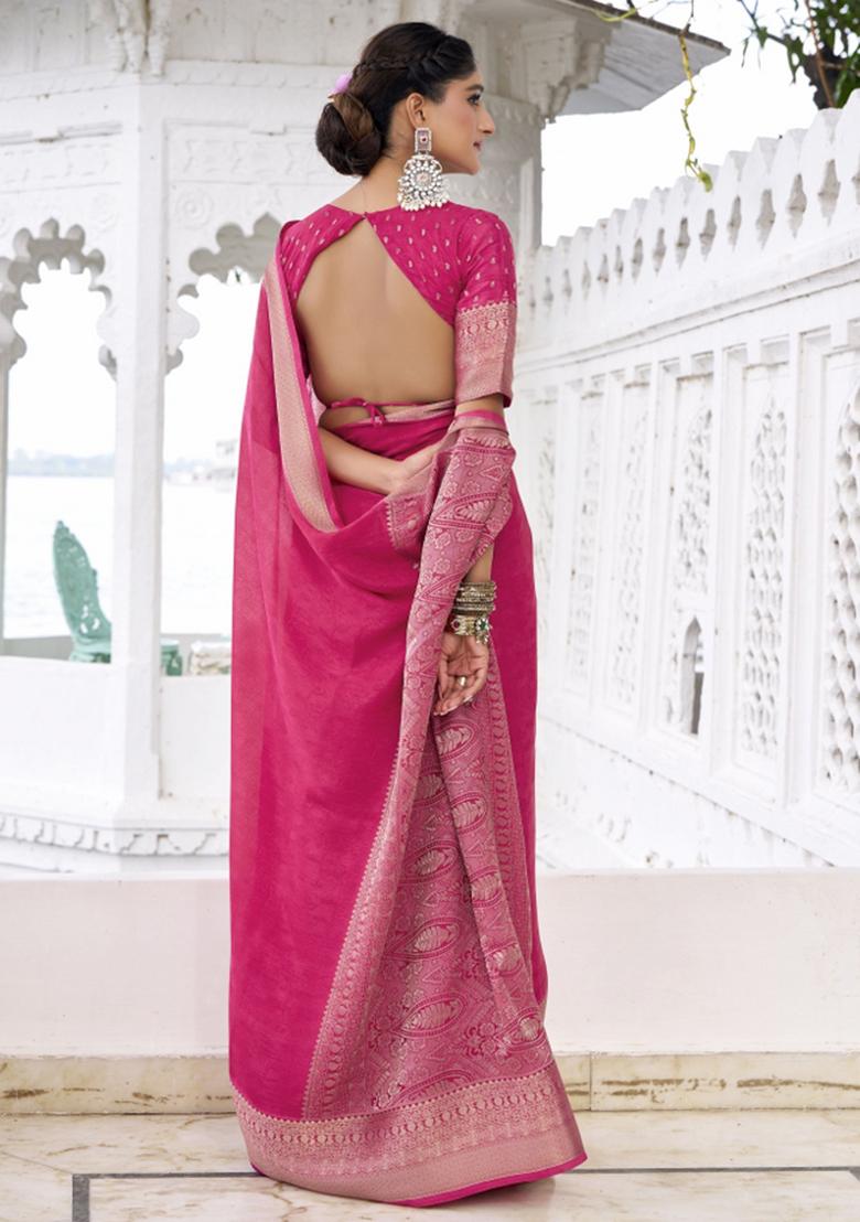 Pink Woven Chiffon Saree Set - Indya