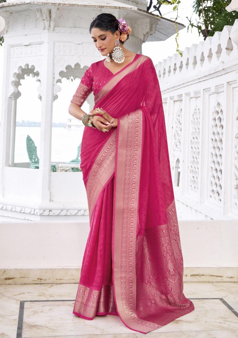 Pink Woven Chiffon Saree Set - Indya