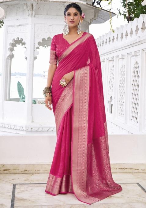 Pink Woven Chiffon Saree Set