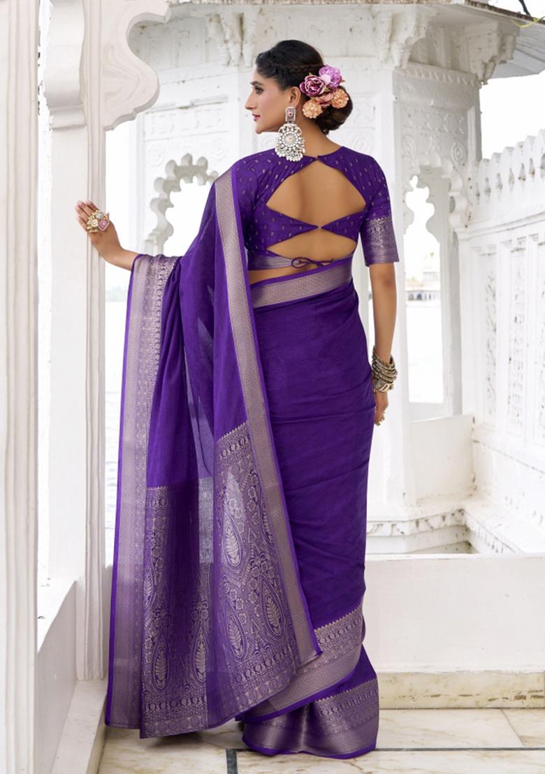 Purple Woven Chiffon Saree Set - Indya