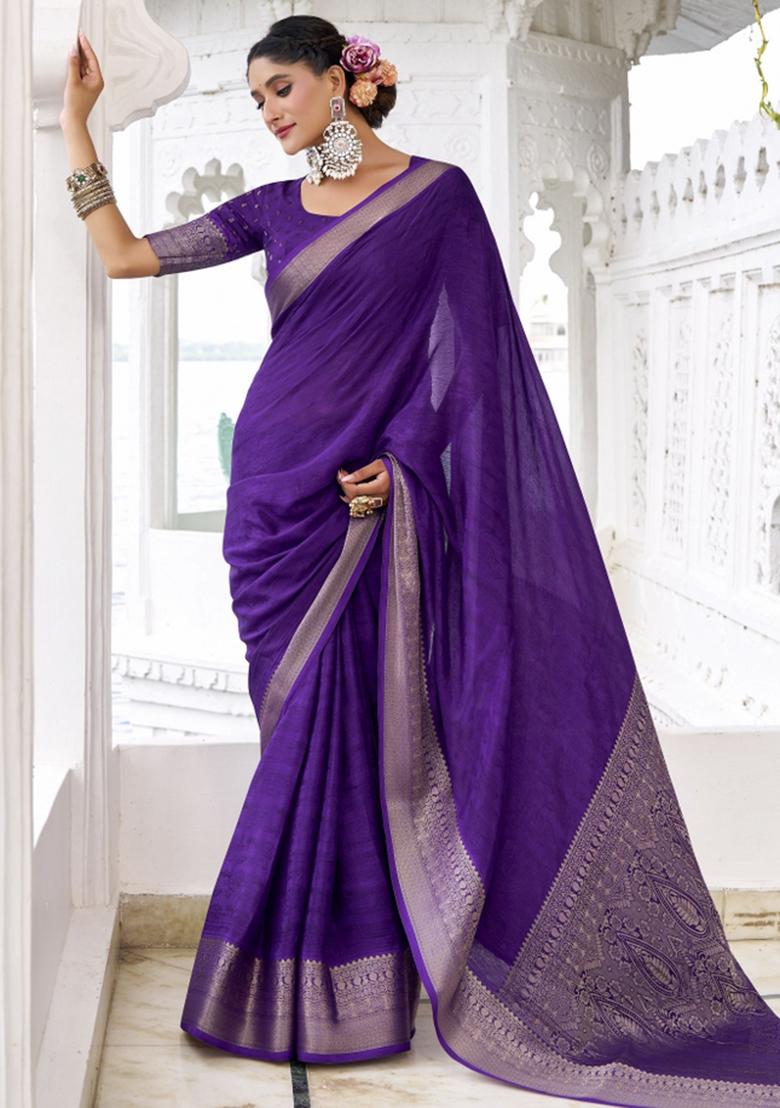 Purple Woven Chiffon Saree Set - Indya