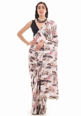 White Printed Chiffon Saree Set