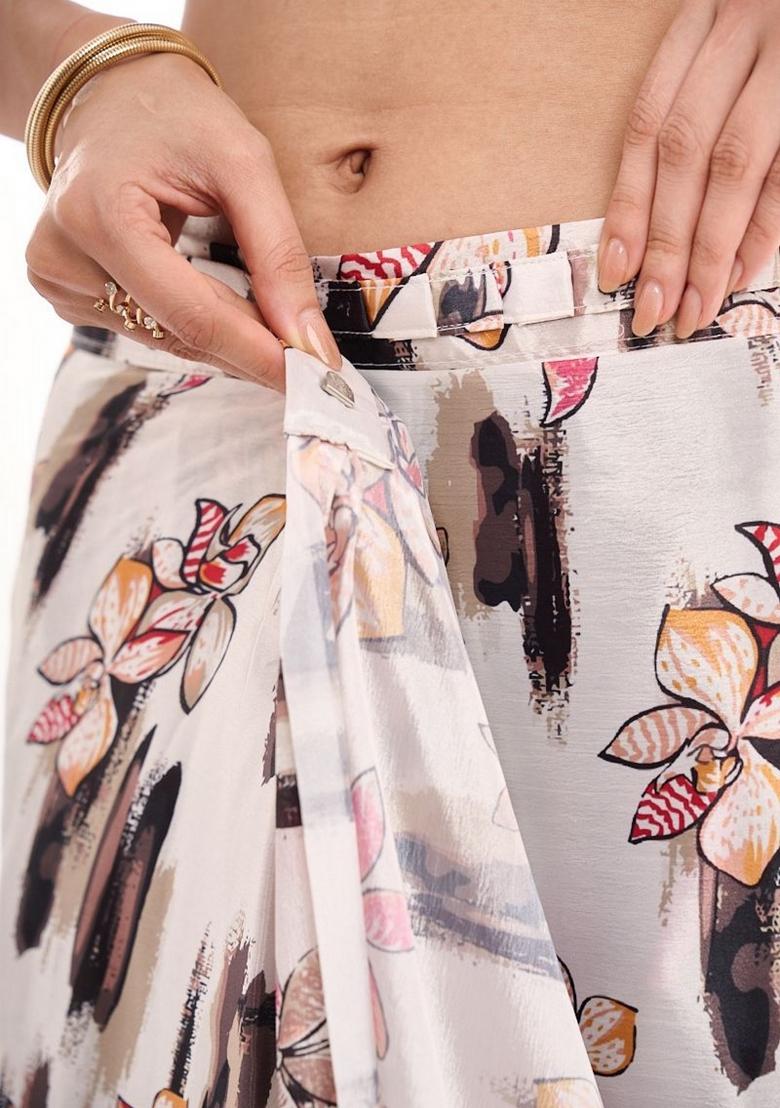 White Printed Chiffon Saree Set - Indya