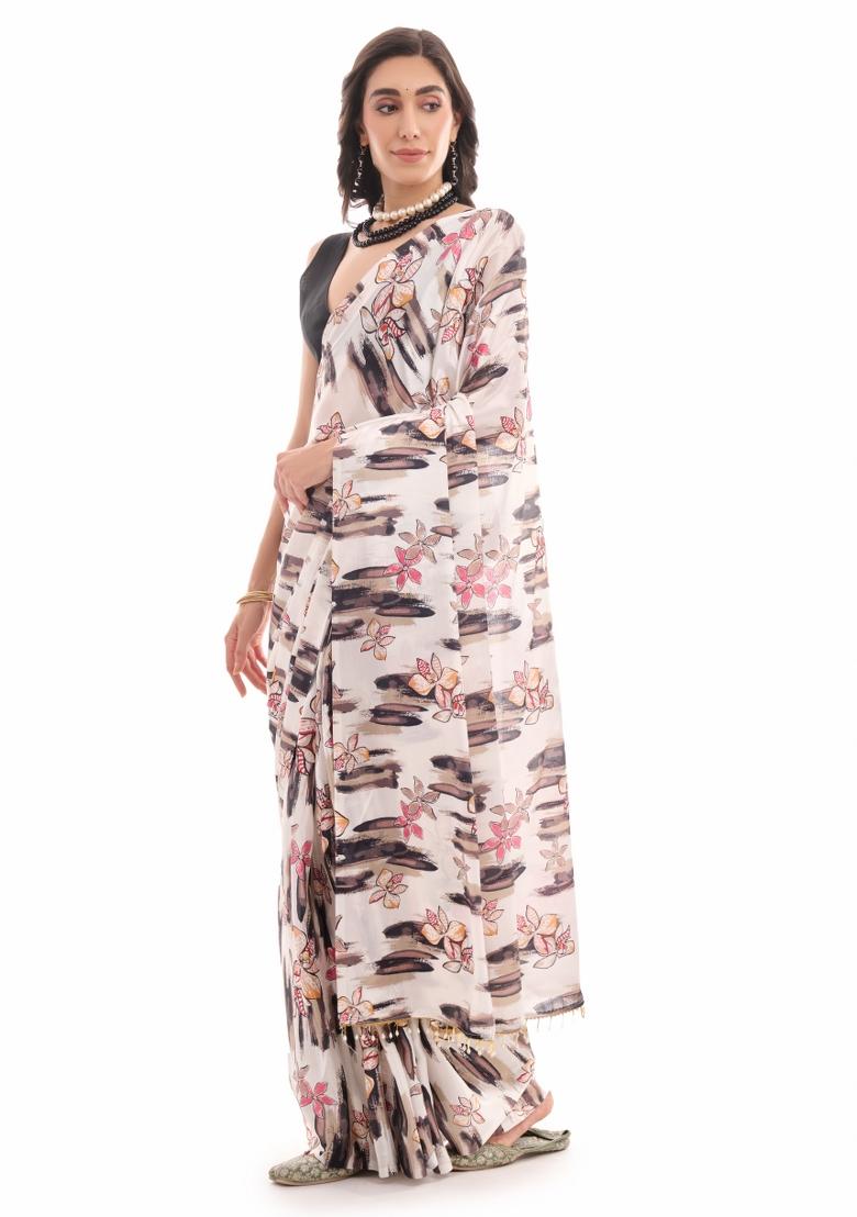 White Printed Chiffon Saree Set - Indya