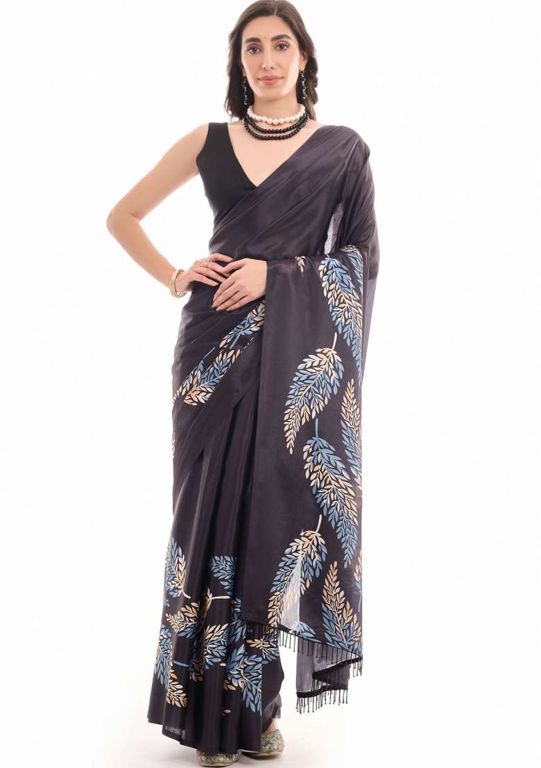 Black Chiffon Saree Set with Printed for Diwali | Wedding & Festive Wear - Indya