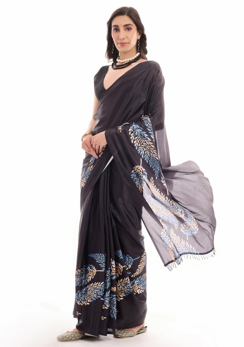 Black Printed Chiffon Saree Set - Indya
