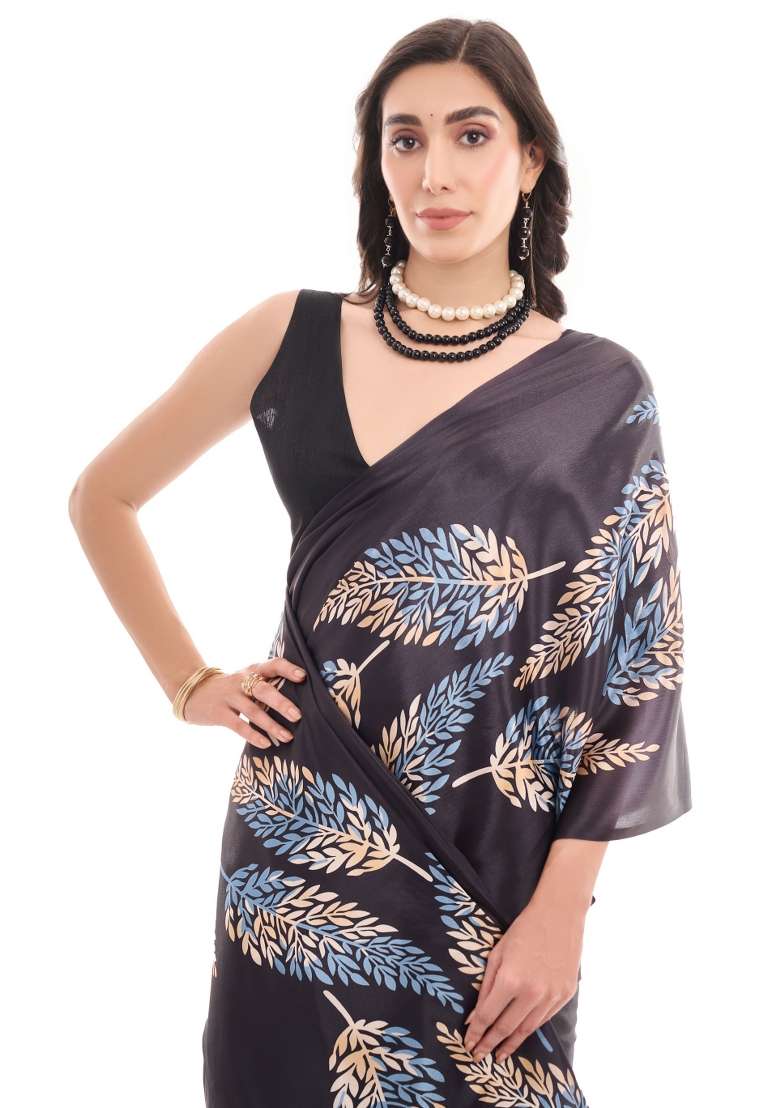 Black Chiffon Saree Set with Printed for Diwali | Wedding & Festive Wear - Indya