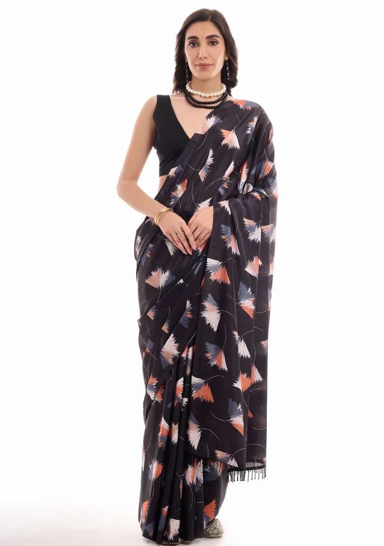 Black Chiffon Saree Set with Printed for Diwali | Wedding & Festive Wear - Indya
