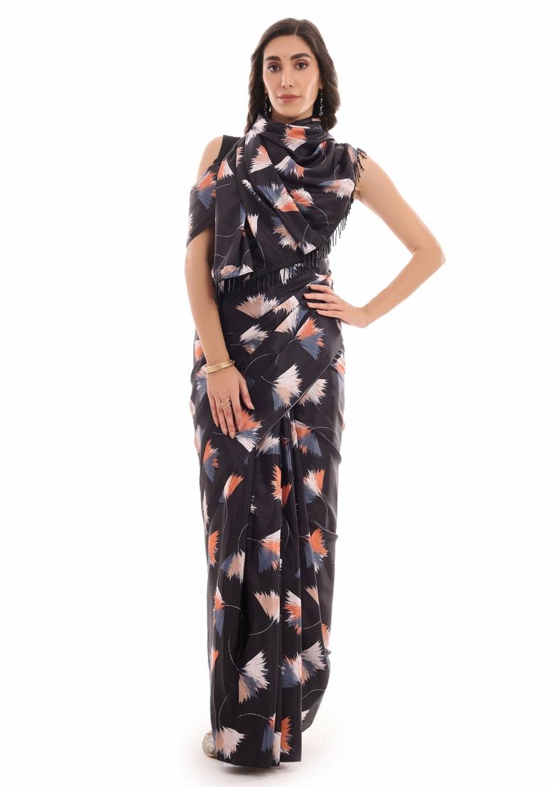 Black Printed Chiffon Saree Set - Indya