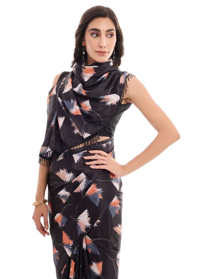 Black Chiffon Saree Set with Printed for Diwali | Wedding & Festive Wear - Indya
