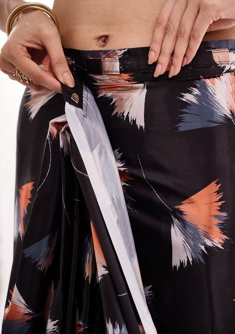 Black Printed Chiffon Saree Set - Indya