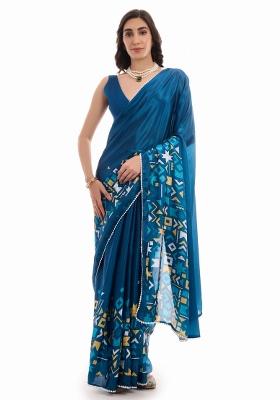 Teal Printed Chiffon Saree Set