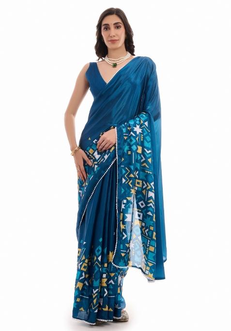 Teal Printed Chiffon Saree Set