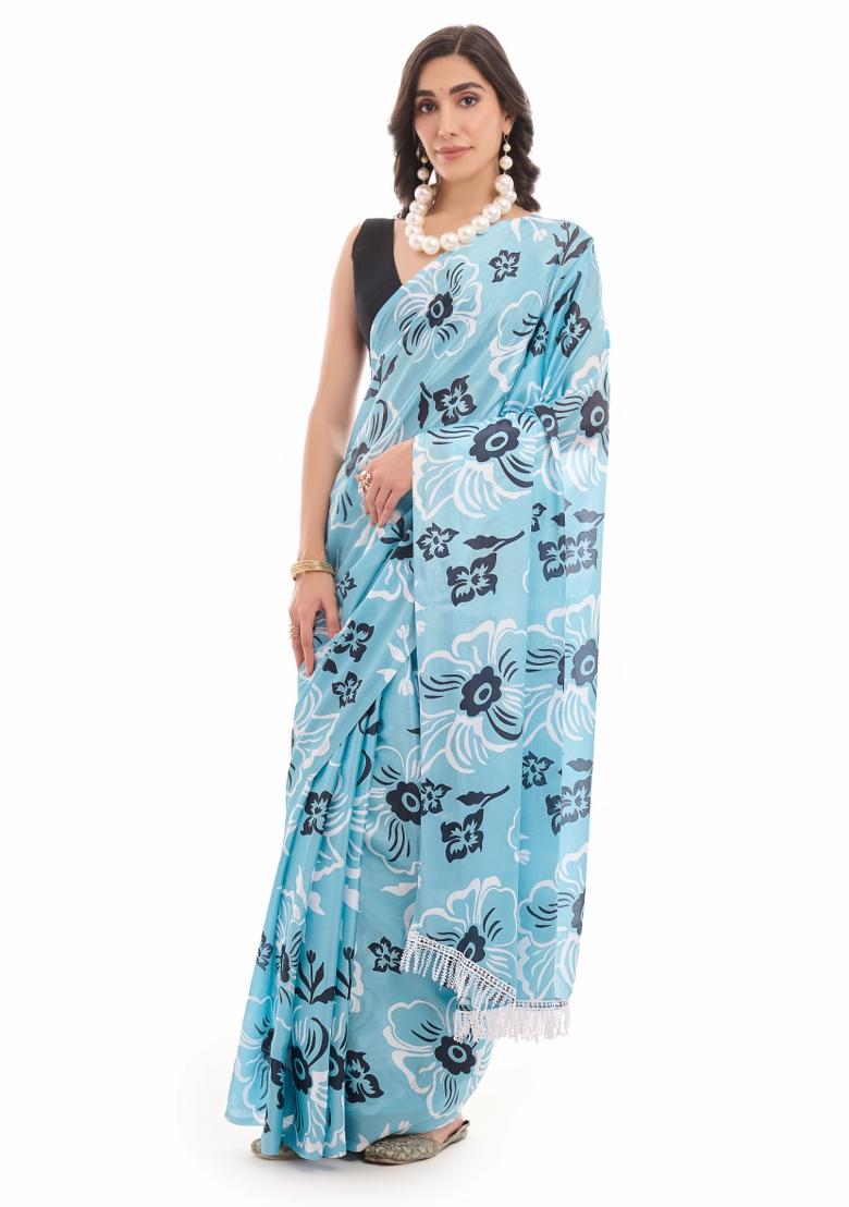 Sea Green Printed Chiffon Saree Set - Indya