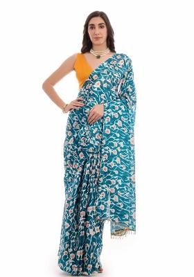 Teal Printed Chiffon Saree Set