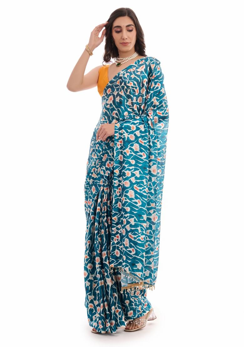 Teal Printed Chiffon Saree Set - Indya