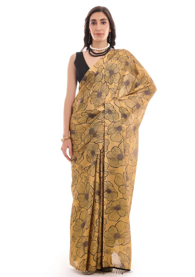Mustard Chiffon Saree Set with Printed for Diwali | Wedding & Festive Wear - Indya