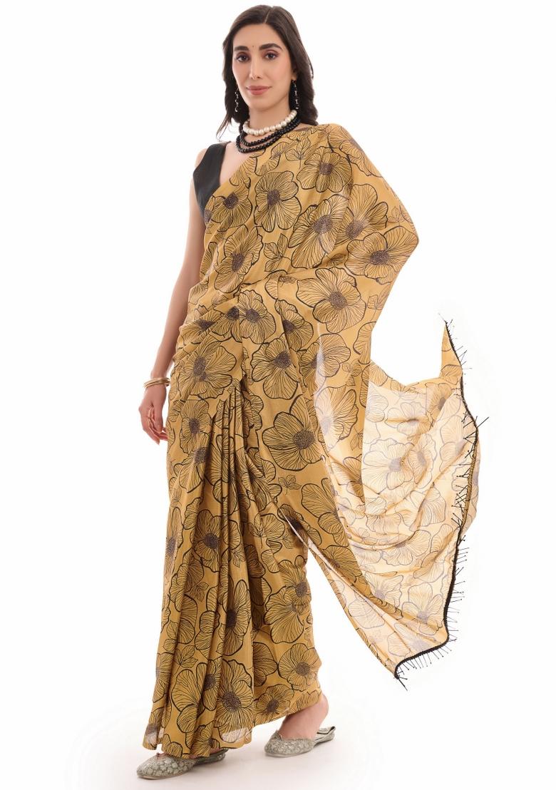 Mustard Printed Chiffon Saree Set - Indya