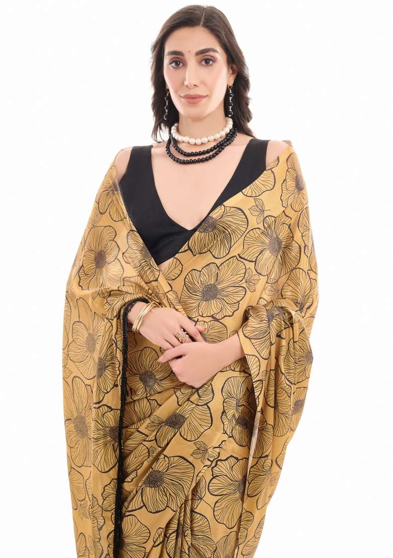 Mustard Chiffon Saree Set with Printed for Diwali | Wedding & Festive Wear - Indya